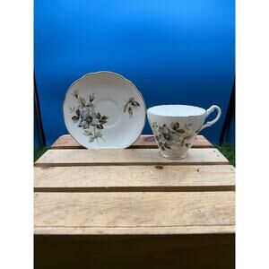 Royal Ascot England Bone China Tea Cup and Saucer - Muted Blue & Grey Floral